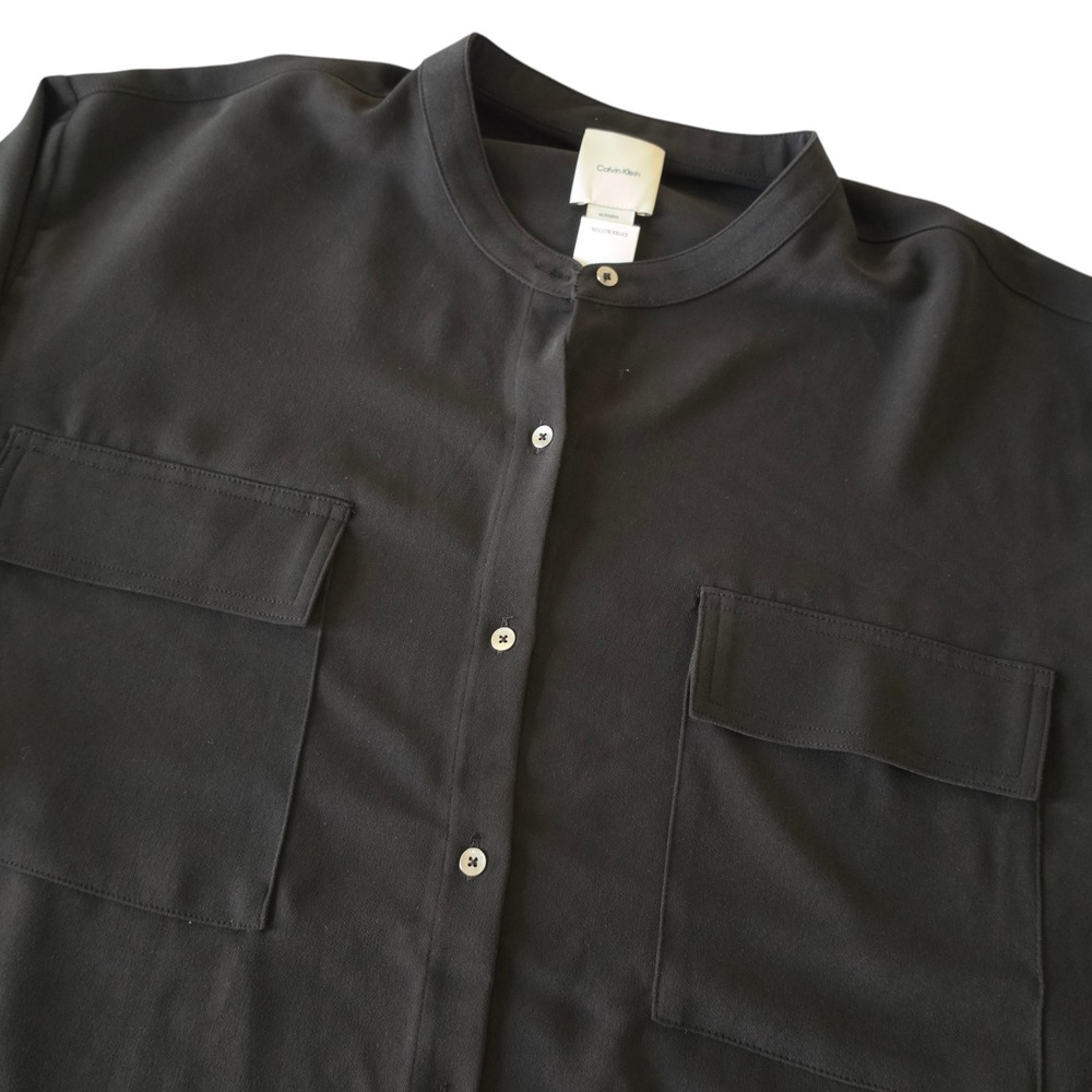 Calvin Klein Women Button Up Blouse Black Roll Tab Band Collar XL